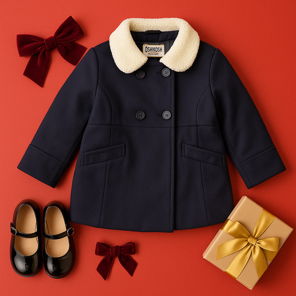 OshKosh B’Gosh Girls Navy Double Breasted Faux Wool Coat Shearling Collar 6 / 6X - Picture 1 of 9